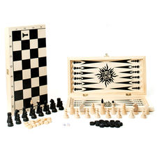 Игра 3 в 1 малая с обиходными деревянными шахматами (нарды, шахматы, шашки)